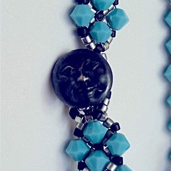 Handmade Netted Turquoise Bead Bracelet w/ Silver & Black Accents, Moon Face - Picture 5 of 8